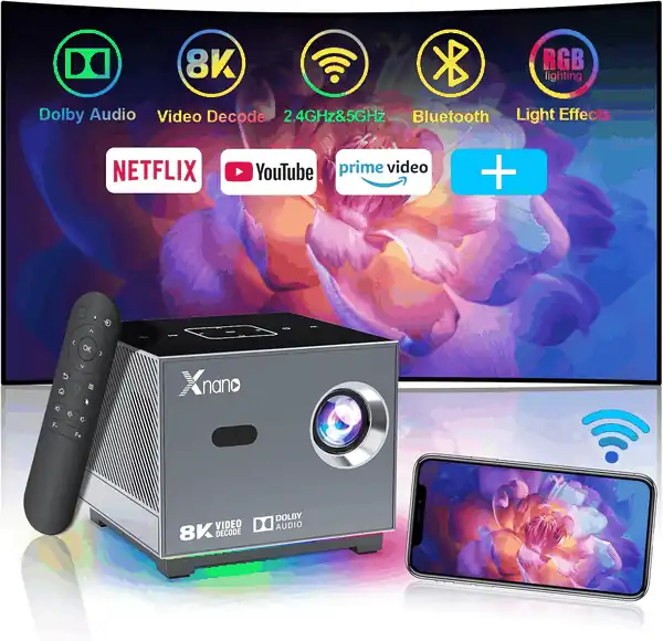  [8K\/4K Video Decode Support & Electric Focus] XNANO Mini Projector with 5G WiFi and Bluetooth, Portable Smart Movie Projector for iOS\/Android\/TV Stick with LED Lighting, Built-in More App Grey