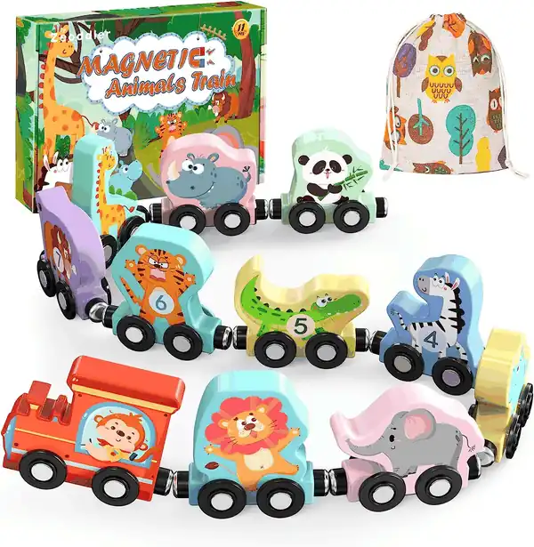  Zeoddler Toys for Toddlers, 11 Magnetic Wooden Animals Train Set, Montessori Toys for Toddlers, Preschool Learning Activities for Kids, Birthday Gifts for Boys, Girls