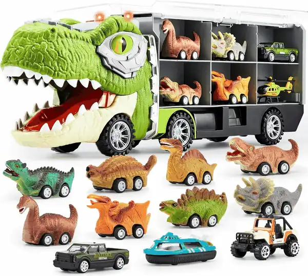 JOYIN 13 in 1 Dinosaur Toys for Kids 3-5, Dinosaur Truck with 12 Pull Back Cars, Dinosaur Cars Set, Birthday Gifts Toys for 3 4 5+ Year Old Boy, Transport Carrier Truck for Toddlers 3-4 Years