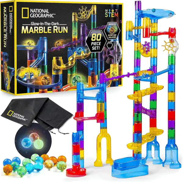 NATIONAL GEOGRAPHIC Glowing Marble Run \u2013 Construction Set with 15 Glow in The Dark Glass Marbles & Storage Bag, STEM Gifts for Boys and Girls, Building Project Toy (Amazon Exclusive)