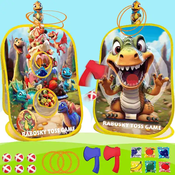 4-in-1 Dinosaur Toddlers Outdoor Activities Toss Games, Birthday Christmas Party Gifts for Boys 3 4 5 Year Olds, Backyard Outside Kids Fruit Bean Bags Axes Rings Sticky Balls Throwing Toys