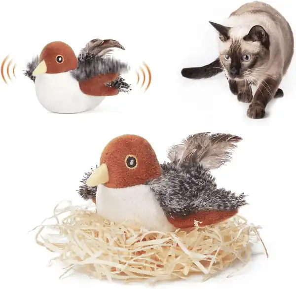  Potaroma Cat Toys Rechargeable Flapping Bird Sparrow, Lifelike Chirp Tweet, Touch Activated Kitten Toy Interactive Cat Exercise Toys for All Breeds Cat Kicker Catnip Toys 4.0 Inches