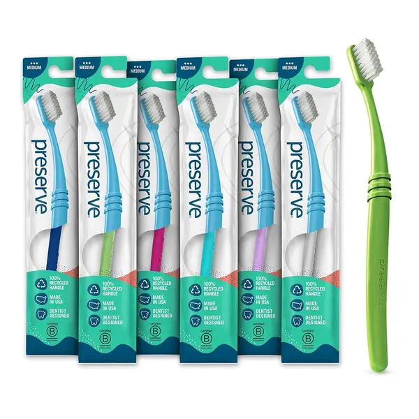 Preserve Eco Friendly Adult Toothbrushes, Made in The USA from Recycled Plastic, Lightweight Pouch, Medium Bristles, Colors Vary, 6 Pack