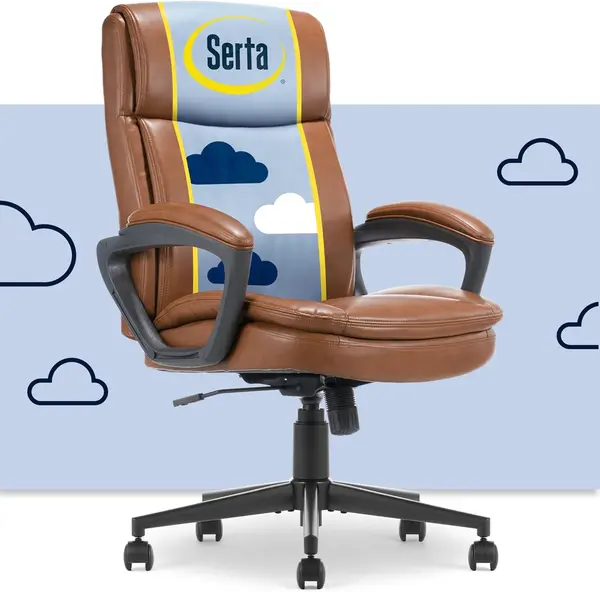 Serta(r) Comfort Ergo Executive Office Chair, Ergonomic Mid-Back with Extra Lumber Support, Padded Armrests, Adjustable Height and Tilt-Lock Side Lever, Swivel Base, Cognac Bonded Leather