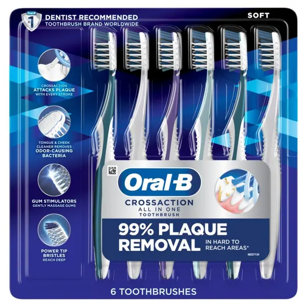 Oral-B Pro Health CrossAction All in One Soft Toothbrushes, Deep Plaque Fighter, Rounded Bristles Gentle on Teeth, Tongue and Cheek Cleaner, Gum Stimulators, 6 Count, Tooth Brush Pack