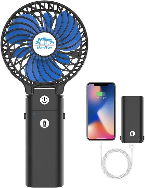 HandFan Portable Handheld Fan with Power Bank, 2 IN 1 Hand Fan, 5200mAh Rechargeable Battery Operated, Personal Foldable Makeup Fan, Portable Cooling Fan for Travel\/Summer\/Concerts\/Lash(Black&Blue)