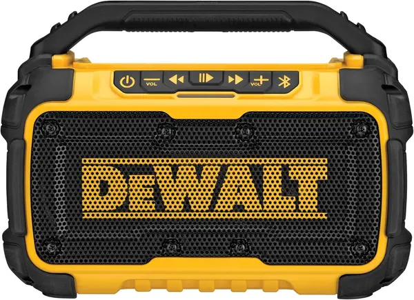 DEWALT 20V MAX Bluetooth Speaker, 100 ft Range, Durable for Jobsites, Phone Holder Included, Lasts 8-10 Hours with Single Charge (DCR010)