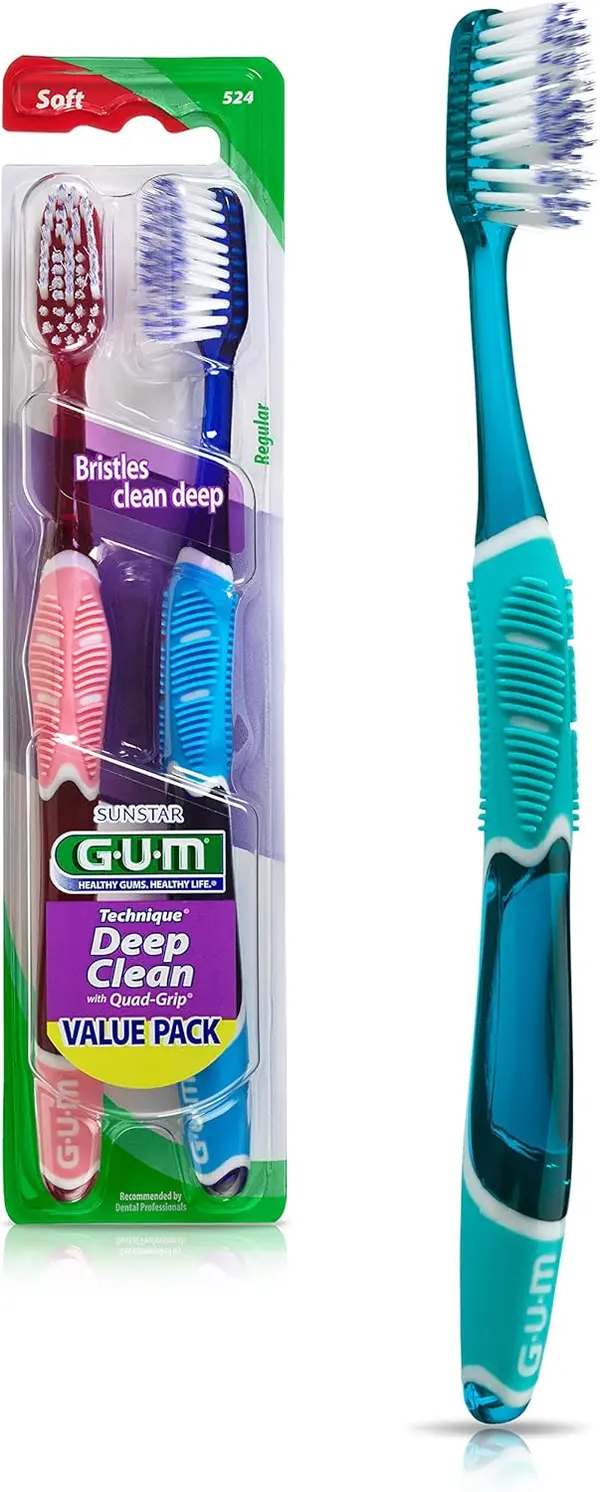 GUM Technique Deep Clean Toothbrush - Compact Soft - Soft Toothbrushes for Adults with Sensitive Gums - Extra Fine Bristles, 2ct (6pk)