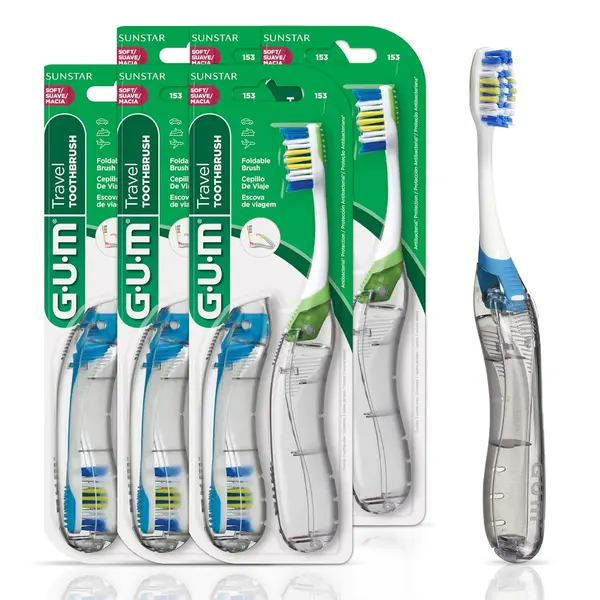 GUM Folding Travel Toothbrush, Compact Head + Tongue Cleaner, Soft Bristled Travel Toothbrushes for Adults, 2ct (Pack of 6)