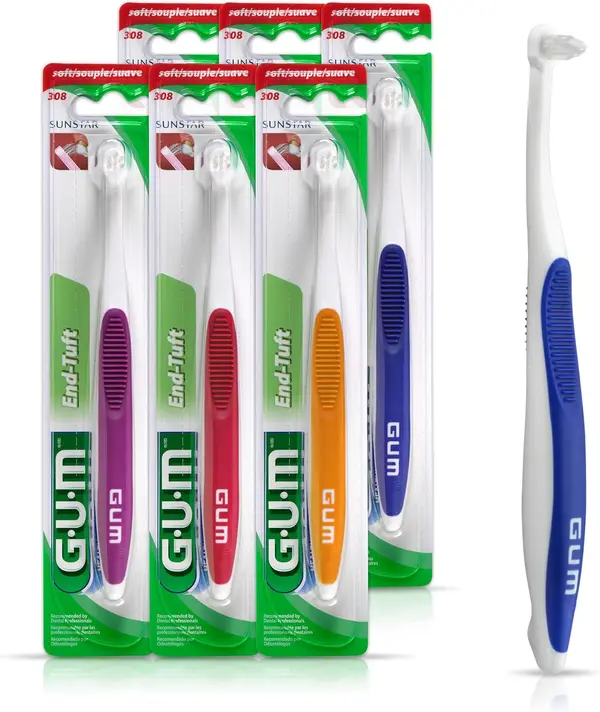 GUM End Tuft Toothbrush - Extra Small Head for Hard-to-Reach Areas - Implants, Back Teeth, and Wisdom Teeth - Soft Dental Brush for Adults (6pk)