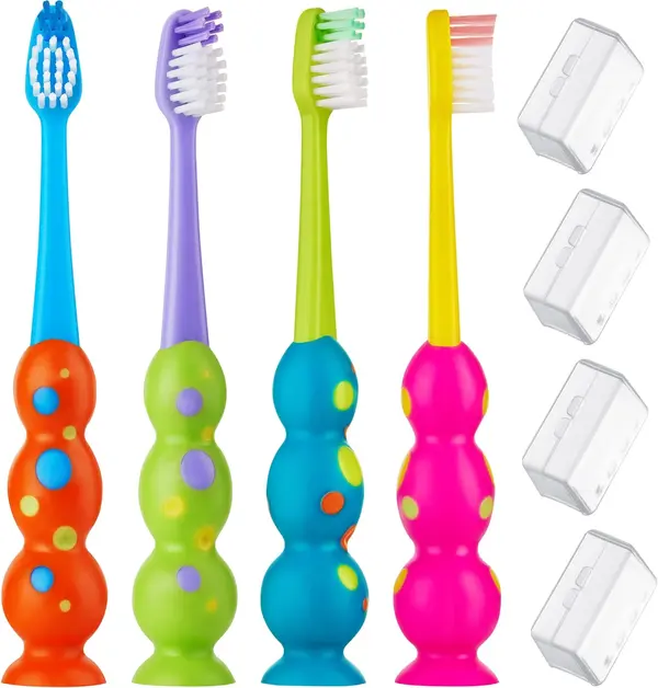 Kids Toothbrush 4 Pack - Soft Bristles with Suction Cup - Toothbrush Kids, Child Sized Brush Heads, 3-10 Year Old Kid Toothbrush with Easy Storage - Toddler, Girl and Boy Set (4-Pack, Multi-Color)