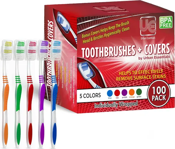 Urban Essentials Bulk Toothbrush Package with Covers | Premium Quality Individually Wrapped Colorful Tooth Brushes | Medium Soft Toothbrush Hygienic Cap for Donations, Travel, Hotels (100 Pack)