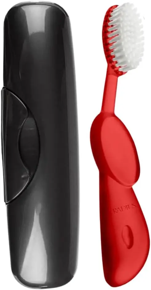 RADIUS Toothbrush Original Big Brush, BPA Free and ADA Accepted, Right Hand, Red Brush and Black Case