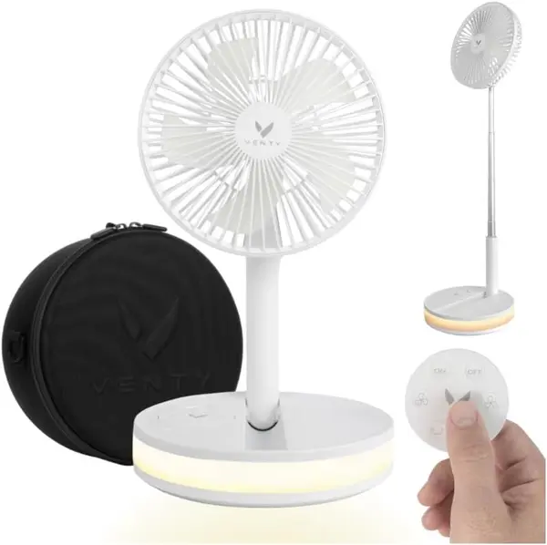 VENTY Portable Fan - Wireless Battery Operated Fan, 48HR Run Time 16000MAH Battery, Oscillating Rechargeable Fan, Remote Control & LED Lighting, Folding Telescopic Camping Fan (White with Case)