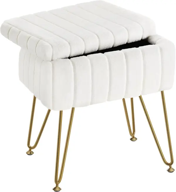 Greenstell Vanity Stool Chair Faux Fur with Storage, 15.7"L x 11.8"W x 19.4"H Soft Ottoman 4 Metal Legs with Anti-Slip Feet, Furry Padded Seat, Modern Multifunctional Chairs for Makeup, Bedroom White