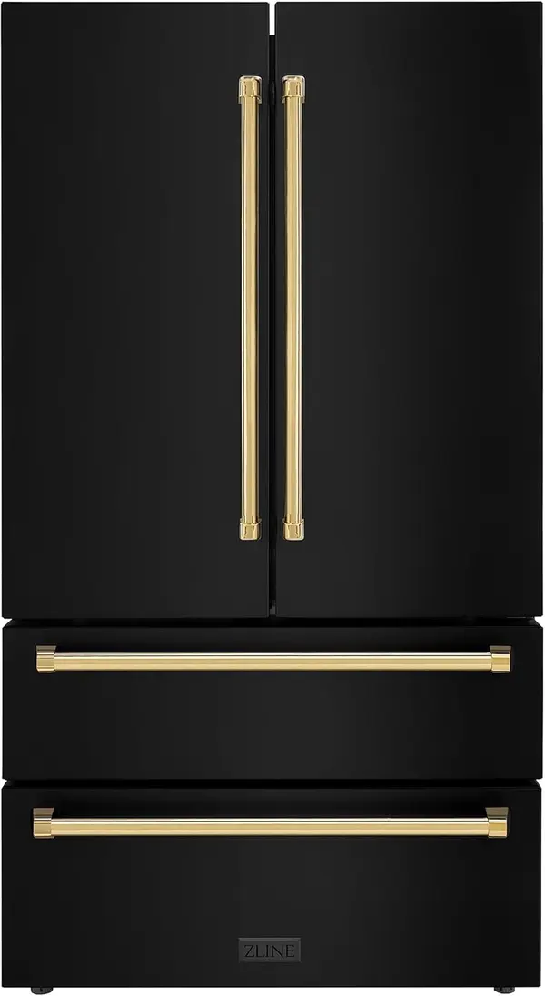 ZLINE Autograph Edition 36 in. 22.5 cu. ft. Counter-Depth French Door Refrigerator with Ice Maker in Fingerprint-Resistant Black Stainless Steel with Polished Gold Traditional Handles (RFMZ-36-BS-G)