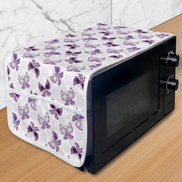 Lunarable Butterfly Microwave Oven Cover, Monotone Pattern of Winged Insect and Flowers, Water Resistant Organizer with Pockets for Kitchen, 36" x 12", Purple