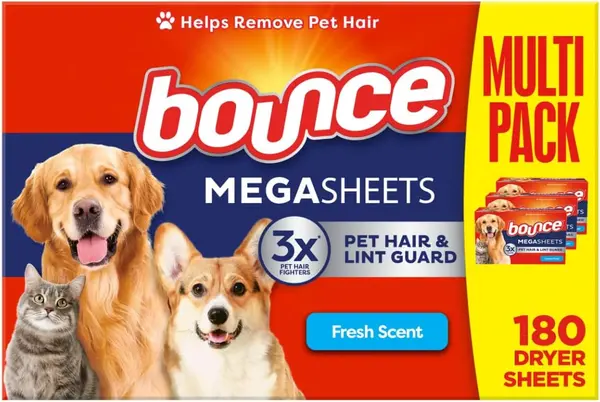 Bounce Pet Hair and Lint Guard Mega Fabric Softener Dryer Sheets with 3X Pet Hair Fighters, Fresh Scent, 180 Count, Bounce Dryer Sheets, Laundry Sheets, Mega Sheet