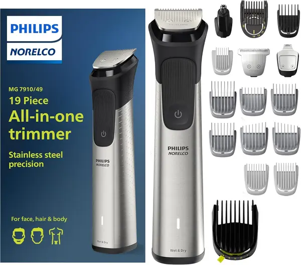 Philips Norelco Multigroom 7000 Series, All-in-One Trimmer, Beard Trimmer and Hair Clipper, 19-Piece Men's Grooming Kit for Beard, Head, Hair, Body, and Face, Soft Pouch, MG7910\/49