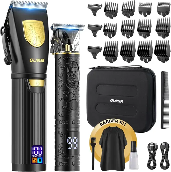 GLAKER Hair Clippers for Men Professional, Cordless Clippers for Hair Cutting, Mens Hair Clippers and Trimmer Kit for Barber with LED Display 15 Guide Combs