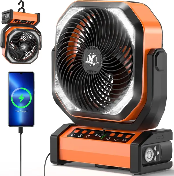 Camping Fan with Light - 20000mAh Rechargeable Battery Fan, 112Hrs Max Run Time, 9 Speeds, Digital Display, Timer, Auto Oscillation, 270deg Pivot & Hook for Camping, Power Outage, Hurricane (Orange)