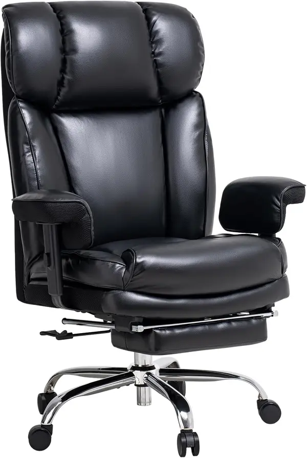 KUMEPOJO Big and Tall Office Chair 400lbs, Wide Seat, Telescoping Leg Rests, Adjustable Armrests - Comfortable Office Chair for Lower Back Pain, Black Heavy-Duty Leather Office Chair