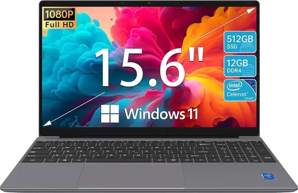 Laptop Computer 15.6'' HD Display, Intel UHD Graphics, Intel Celeron N5095 4-Core Processor, 12GB RAM, 512GB SSD up to Expandable 1TB, WiFi, 180degOpen Angle, Windows 11 Laptop, Gray