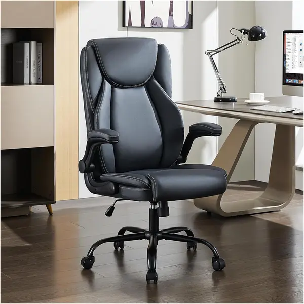 Big and Tall Office Chair, Ergonomic Home Computer Desk Leather Chair with Padded Flip-up Arms, Adjustable Tilt Lock, Double Lumbar Support, Swivel Chair for Adult Working&Study(Gray)