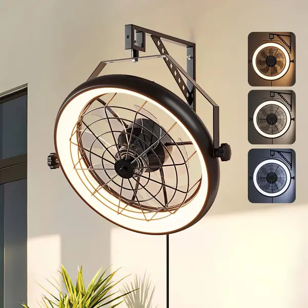 Fansconce Wall Mounted Fan with Lights, 23\u201D Wall Mount Fan with Remote, 6 Speeds Plug in Wall Fan, Reversible, 3CCT, Dimmable, Noiseless, 360degAdjustable Tilt for Workshop, Patio, Home