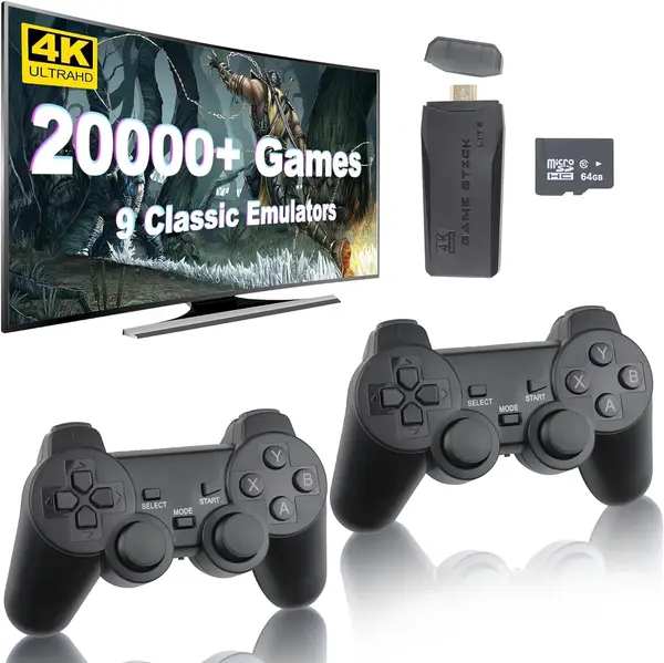 ZHQQ Wireless Retro Game Console Stick Built in 20,000+ Classic Games 4K HDMI Output Nostalgia Gaming Stick with 15 Emulators and Dual 2.4G Wireless Controllers 64GB Memory Card Included