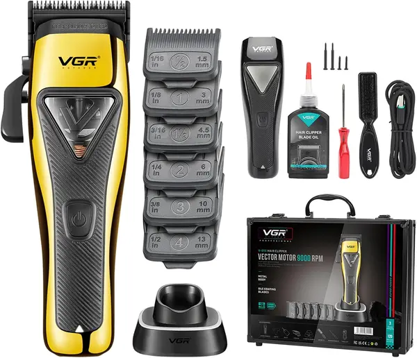 VGR 015 Professional Cordless Hair Clippers for Men, 9000 RPM Vector Motor Hair Trimmer DLC-Blade Barber Clipper for Hair Cutting with Metal Body, 1 Modular Lid in Black, Travel Case