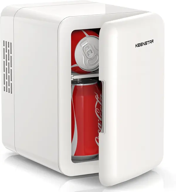 KEENSTAR Mini Fridge, 4 Liter\/6 Can Small Fridge, 110V AC\/ 12V DC Cooler and Warmer for Bedroom, Cosmetics, Office, Dorm and Car, Portable Personal Refrigerator for Cosmetics, Skincare and Food, White