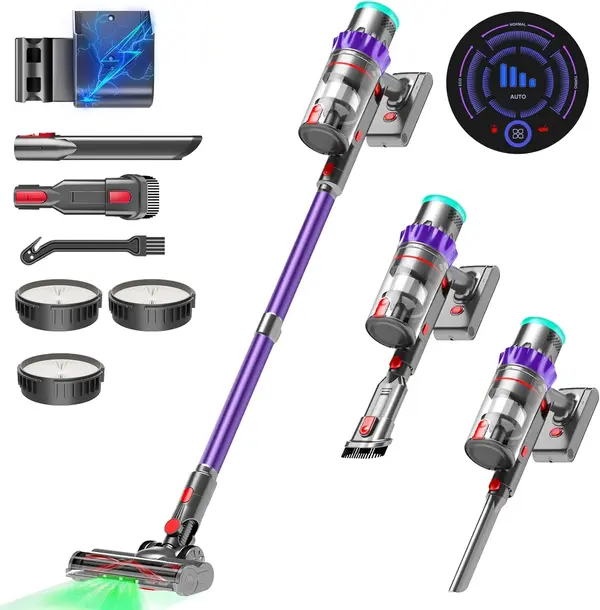 PINICO Cordless Vacuum Cleaner, 550W\/48kPa Stick Vacuum with Intelligent Display, Vacuum Cleaner with Anti-Tangle Brush and 60 Mins Runtime, Perfect for Pet Hair, Carpet, and Hard Floors (Purple)