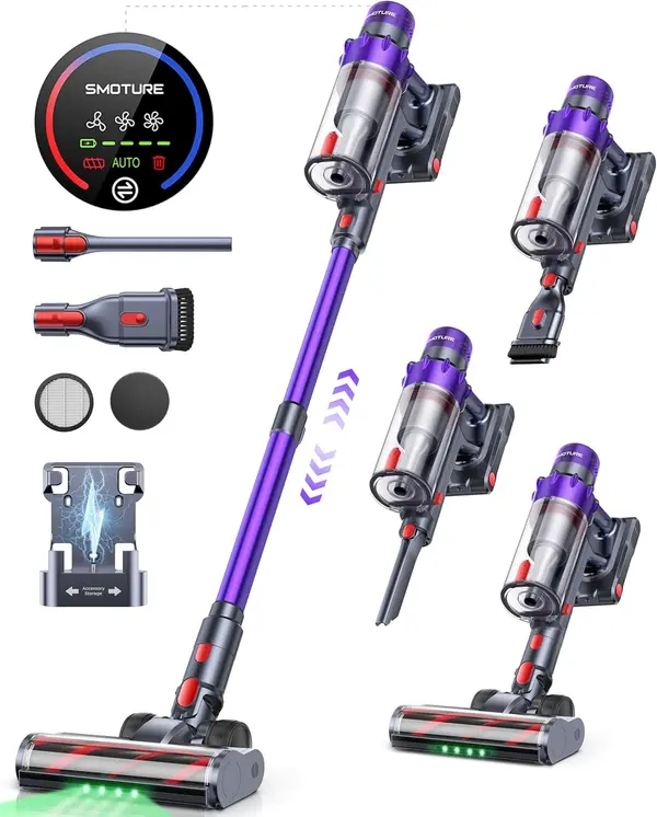 Cordless Vacuum Cleaner, 550W 45KPA 60 Mins Runtime Vacuum Cleaners for Home, Stick Vacuum with Self-Standing, Wall Mount Charging and Intelligent Auto Mode, Handheld Vacuum for Pet Hair\/Carpet\/Floor