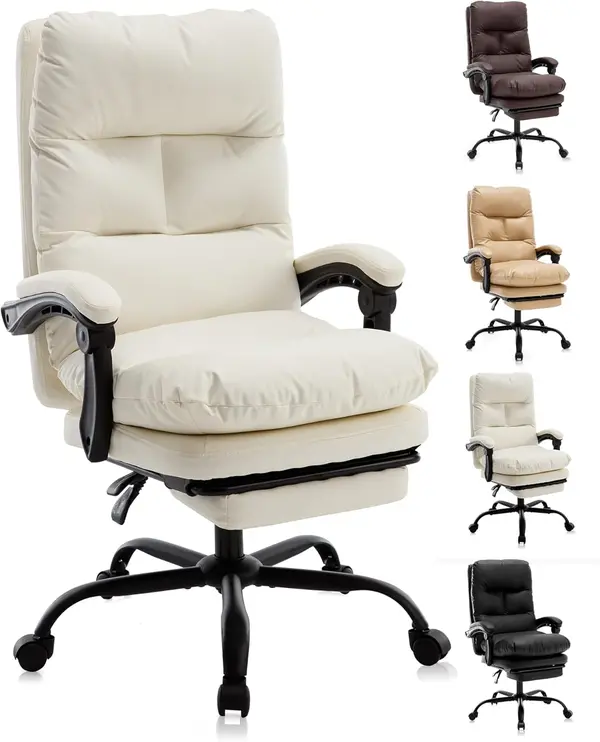 HARANUO Office Chair with Footrest, Ergonomic Office Chair for Heavy 300 lbs, Leather High Back Executive Office Chair for Working Gaming with Lumbar Support(Snow Ivory)