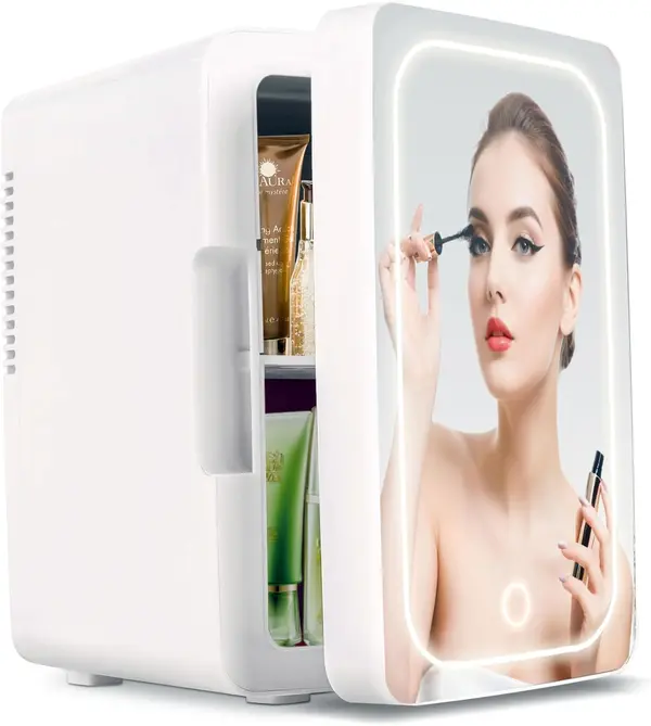 Mini Fridge for Bedroom 6L\/8 Cans Skincare Fridge with LED Miroor Portable Cooler & Warmer 110V AC\/12V DC Compact Small Refrigerator for Skin Care Cosmetic Beverages Drinks, Office Dorm and Car, White