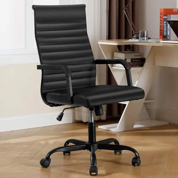 Haranuo Office Chair, Ribbed PU Leather Executive Conference Task Chair, Adjustable Height Mid-Back Swivel Chair with Padded Seat and Square Tube Armrests