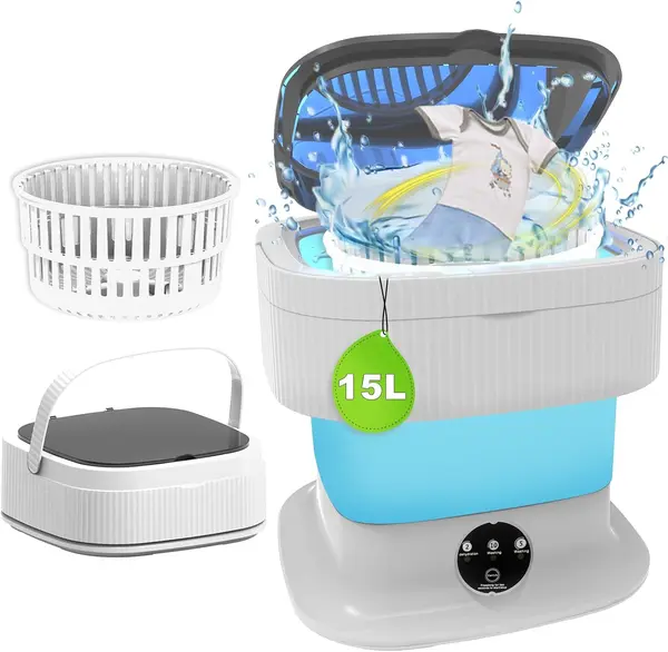 15L Portable Washing Machine, Mini Foldable Washer with Spin Basket for Underwear, Socks, Collapsible Small Washing Machine and Dryer for Apartments, Travel and Hotels(Blue)