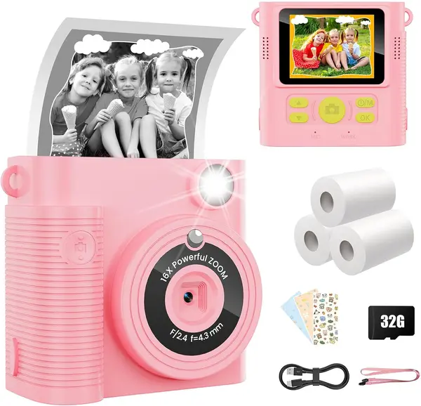 WONNIE Kids Camera Instant Print,Toddler Portable Toy for Ages 3-12,1080P Selfie Digital Camera with 2.4" Screen & 32GB Card,Christma-s Birthday Gifts for 3 4 5 6 7 8 9 Year Old Girls Pink