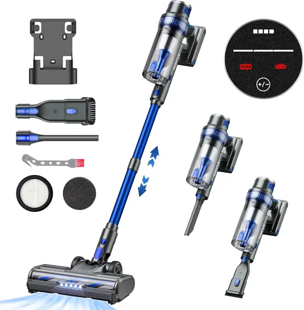 QikCln Cordless Vacuum Cleaner - 250W\/30Kpa Powerful Stick Vacuum with Charging Dock, MAX 40Mins Runtime, 3 Modes, Smart LED Display, Lightweight Vacuum Cleaner for Home Pet Car- Blue