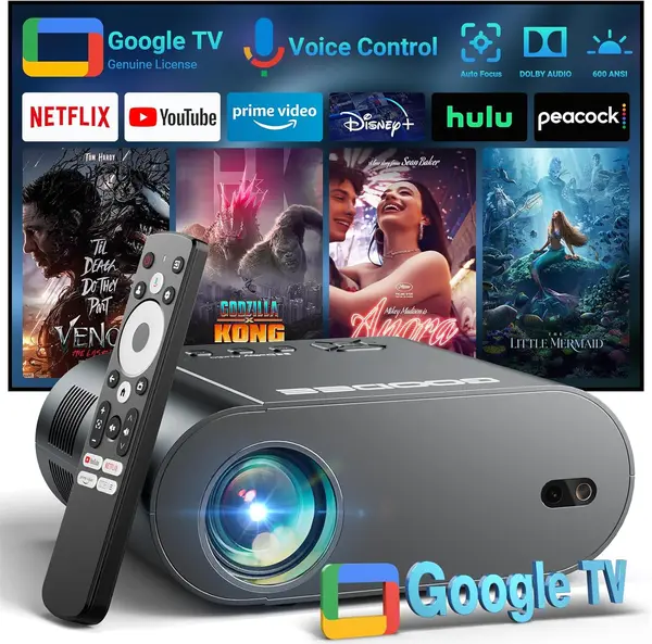 GooDee Smart 4K Projector with Wifi and Bluetooth, Google TV-Licensed Outdoor Movie Projector with NETFLIX \/Prime Video\/YouTube Built-in, Keystone Voice Control Home Theater Projector