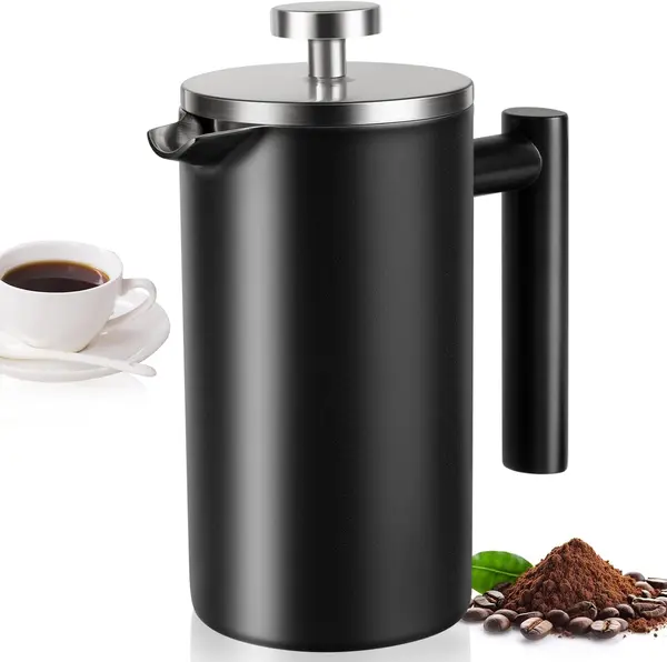 SZHETEFU Portable French Press Coffee Maker 12 oz, Sturdy Double-Wall 304 Stainless Steel French Press Coffee Pot with 2 Extra Screens, Mini Coffee Presses, for Travel Camping Elegant Black (Black)