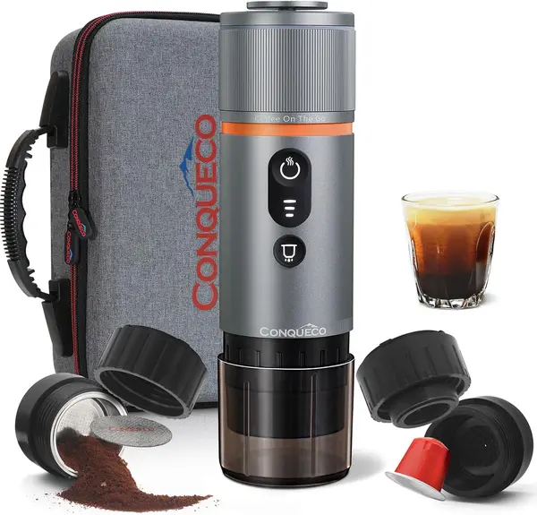 CONQUECO Portable Espresso Machine Travel: 12v Car Coffee Maker with Battery for Camping - Small Electric - 2.5 Mins Heating - Set With Ground Coffee & NS Capsule & Handbag for RV, Hiking, Office