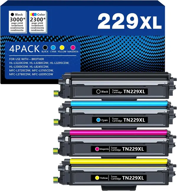 YesInk TN229XL TN229 TN2294PK 4-Pack Printer Toner Cartridges Compatible with MFC-L3780CDW MFC-L3720CDW HL-L3280CDW HL-L3220CDW HL-L3295CDW TN229XL