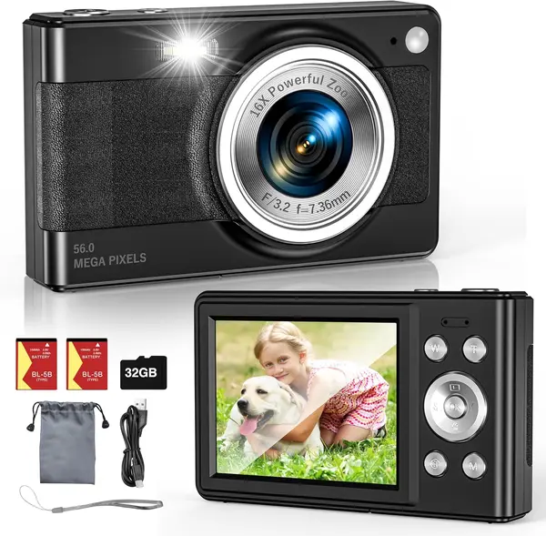 Upgrade Digital Camera, 56MP FHD 1080P Camera for Kids with 16x Zoom Anti Shake, Kid Camera with 32GB TF Card, Two Batteries, Lanyard, Compact Small Camera for Kids Boys Girls(Black)