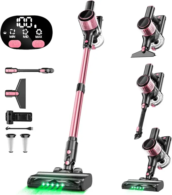 Cordless Vacuum Cleaner, 30Kpa 8-in-1 Stick Vacuum with Anti-Tangle Brush and Upgraded Green Light | 3 Cleaning Modes | 40-Minute Runtime | Lightweight Vacuum Cleaner for Home Hardwood Floors (Pink)