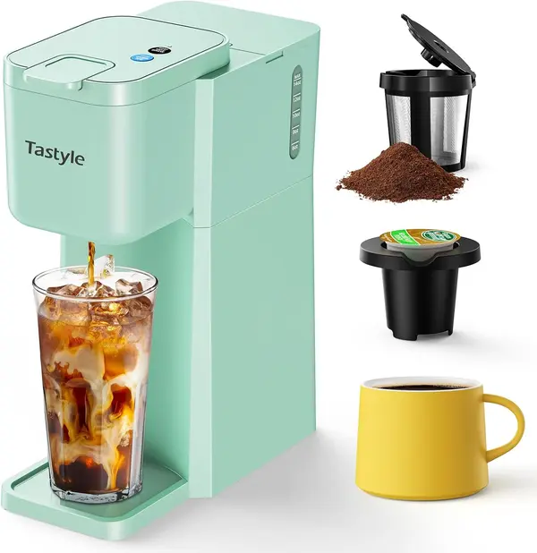 Tastyle Mini Hot and Iced Coffee Maker Single Serve, for K Cup and Ground, 6 to 14 Oz Brew Sizes, with Recipe Book, for Home, Travel, RV, Office and Dorm, Mint