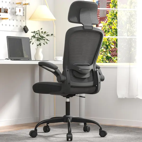 Ergonomic Mesh Home Office Chair | High Back Computer Desk Chair with Adjustable Lumbar Support & Headrest | Swivel Task Chair with Flip-Up Armrests for Home & Office (English, Dark Black)