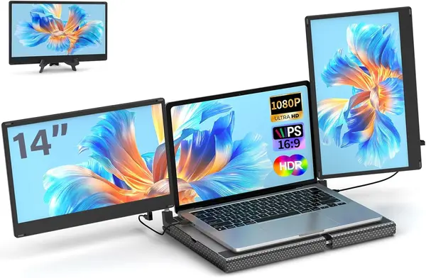 POTTMACEE Laptop Screen Extender, 14" Laptop Monitor Extender, Plug & Play\/360deg Rotation\/Detachable, Portable Dual Monitor with Stretchable Metal Base for Any Size Laptops, Compatible with Mac\/Windows