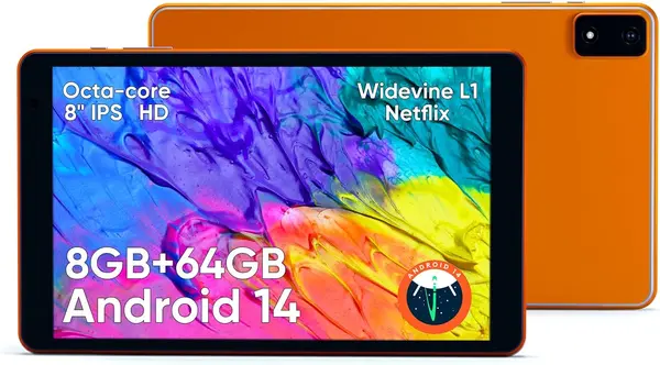 8 inch Tablet, Metal Body Octa-Core Processor Android 14 Tablet , 8GB RAM, 4000mAh Battery, 64GB Storage, 6 FT Charging Cable, Reinforced Type-C Port, 10W Charging Adapter, Dual-speakers, Orange